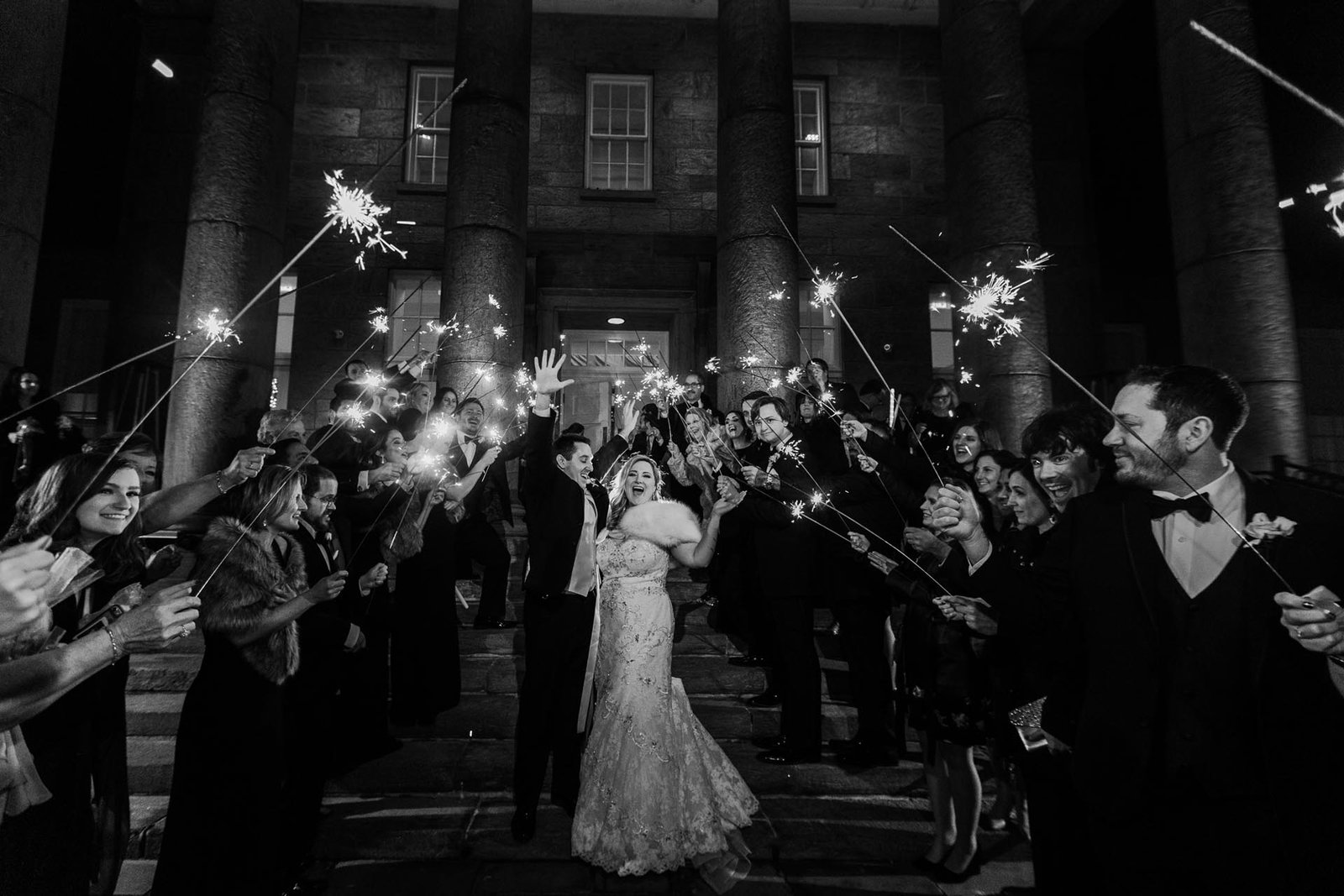 the ballroom at ellis preserve wedding sparkler photo