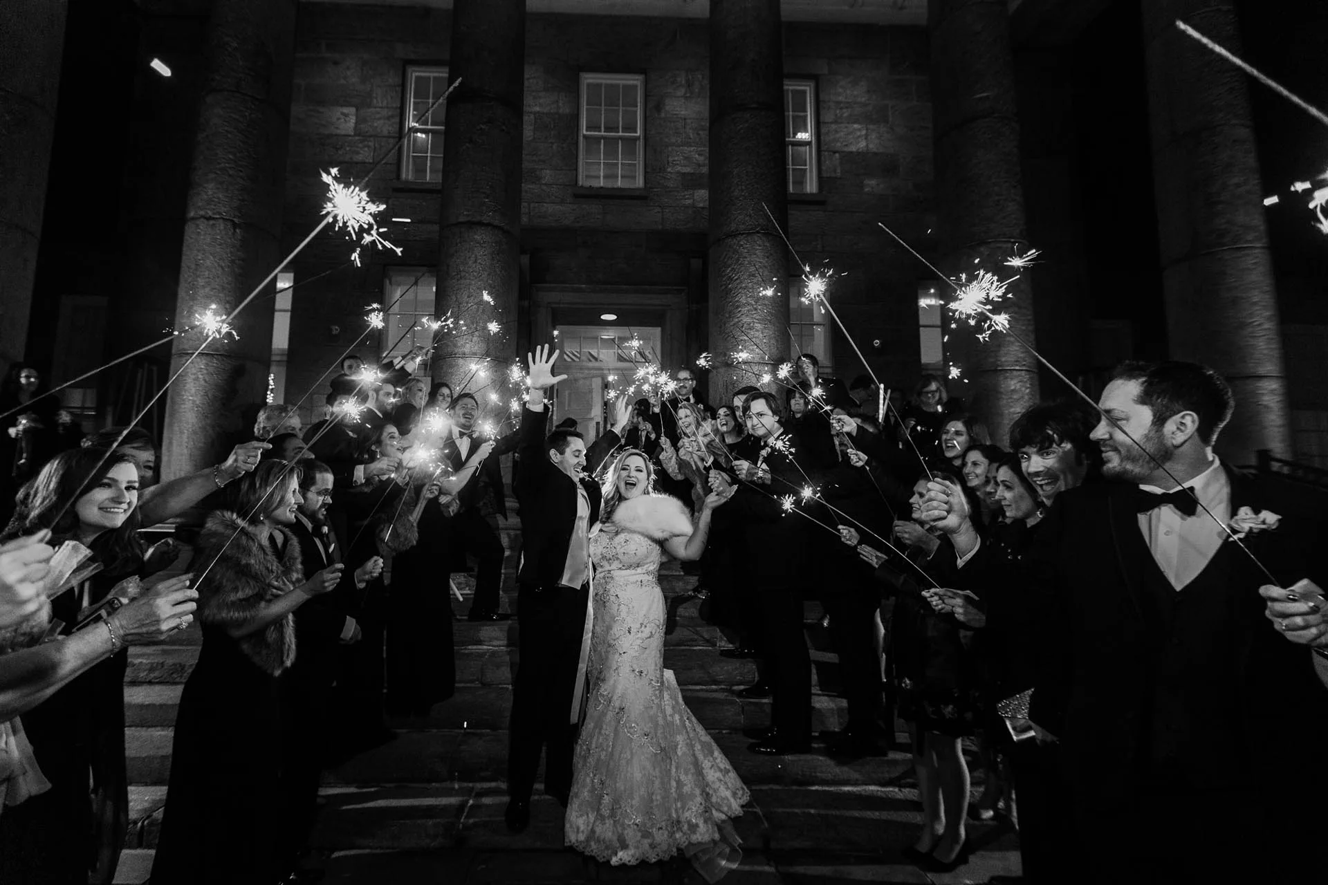 the ballroom at ellis preserve wedding sparkler photo