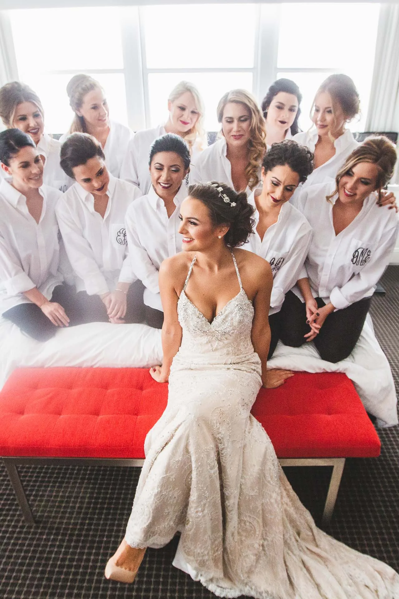 loews hotel bride in room with bridesmaids